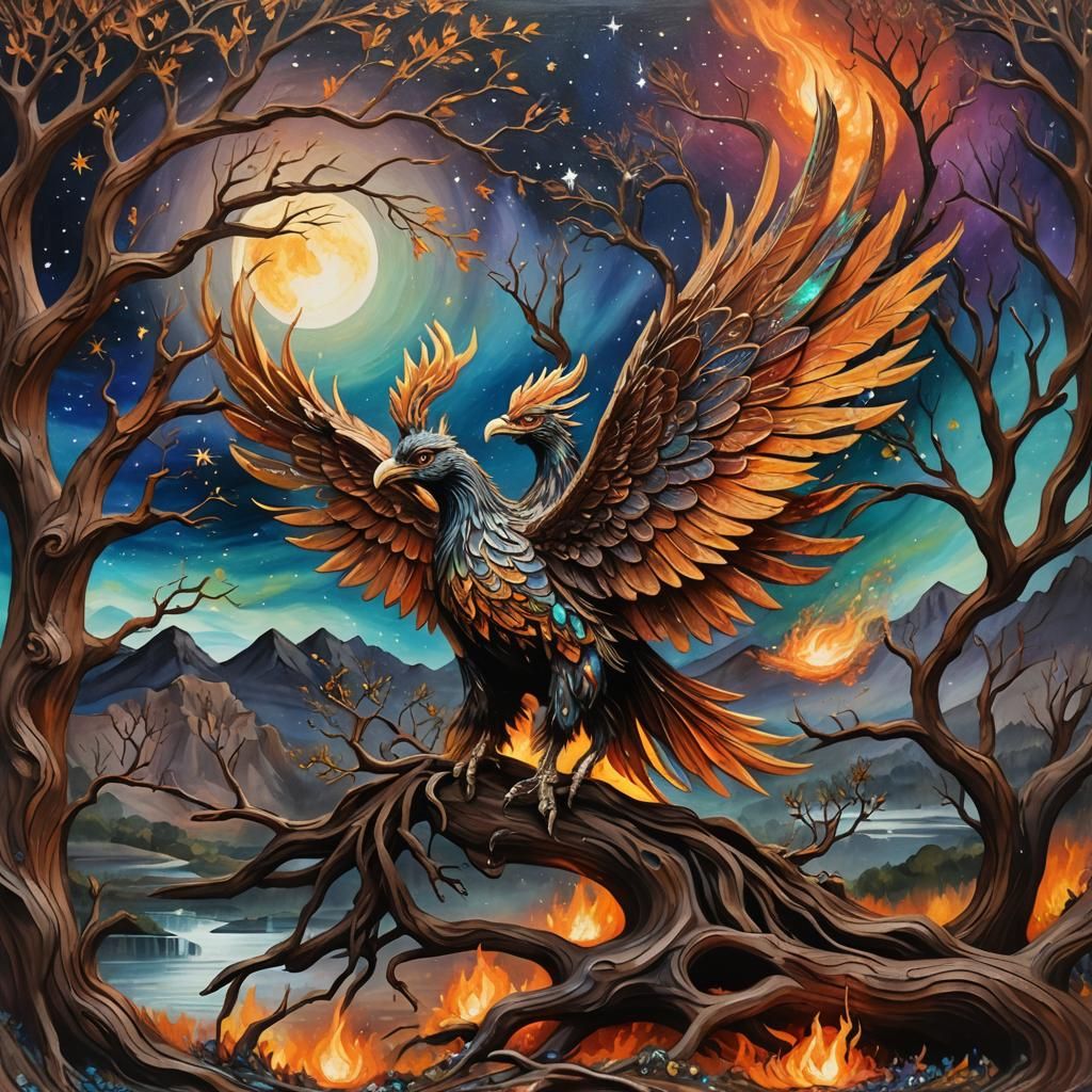 Mystical Phoenix in Fantasy Landscape: Mixed Media Art