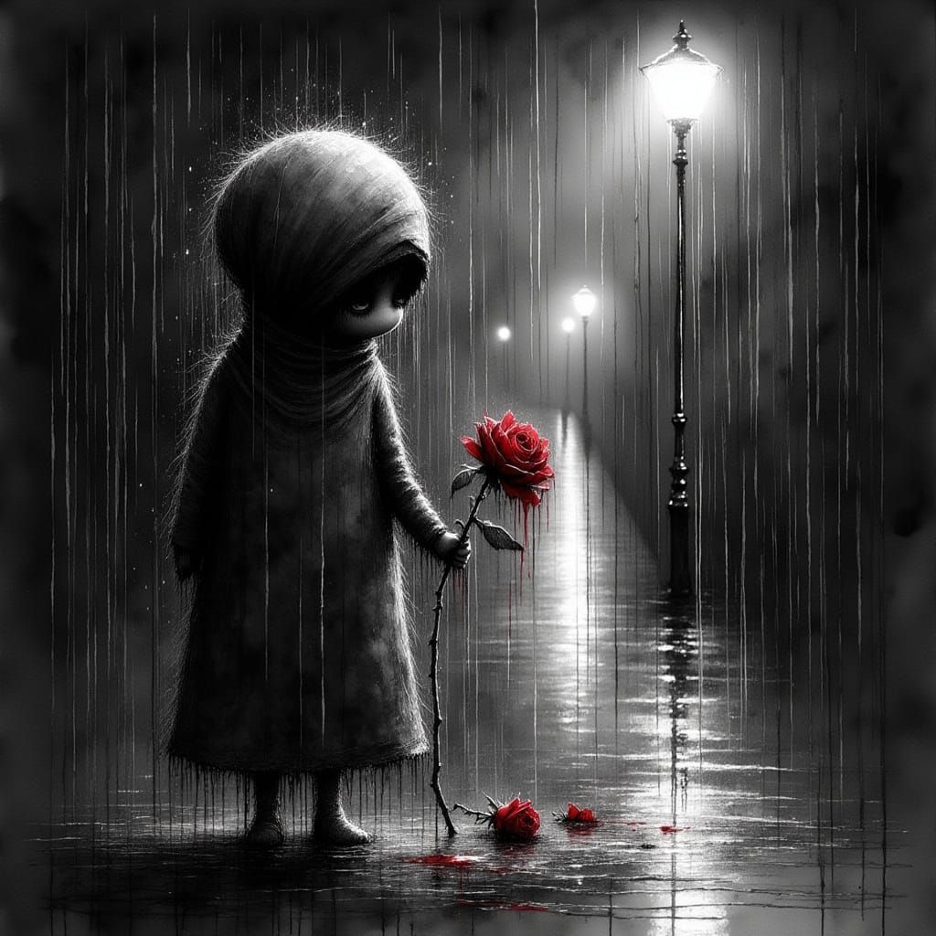 Melancholy Figure in Rain with Rose, Film Noir Style