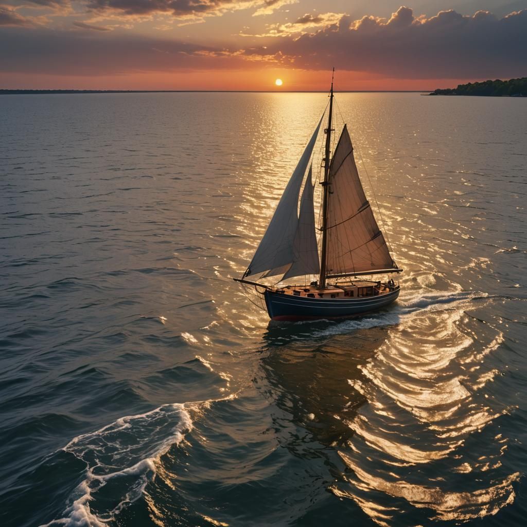 Sailboat in Sunset on Chesapeake Bay in Detailed Fantasy Art