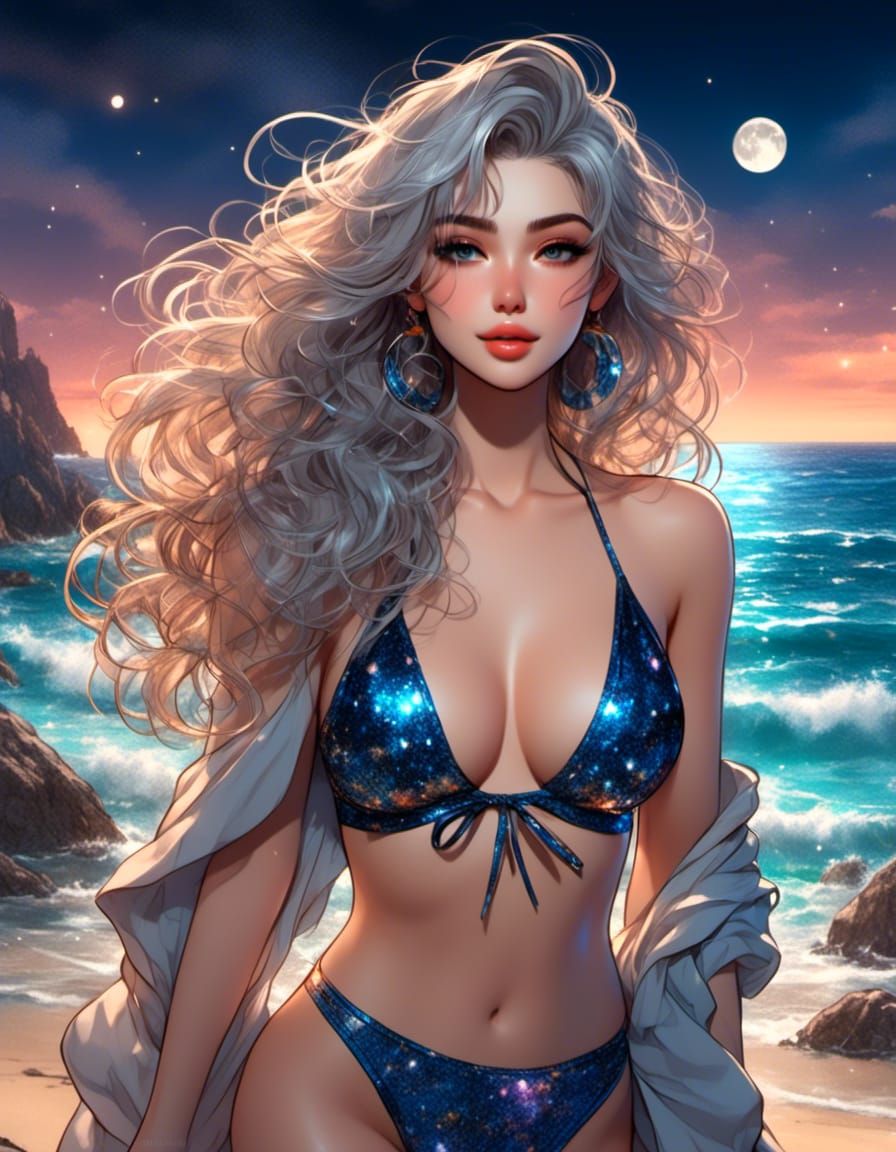 Anime Babe on Moonlit Beach: Color Sketch