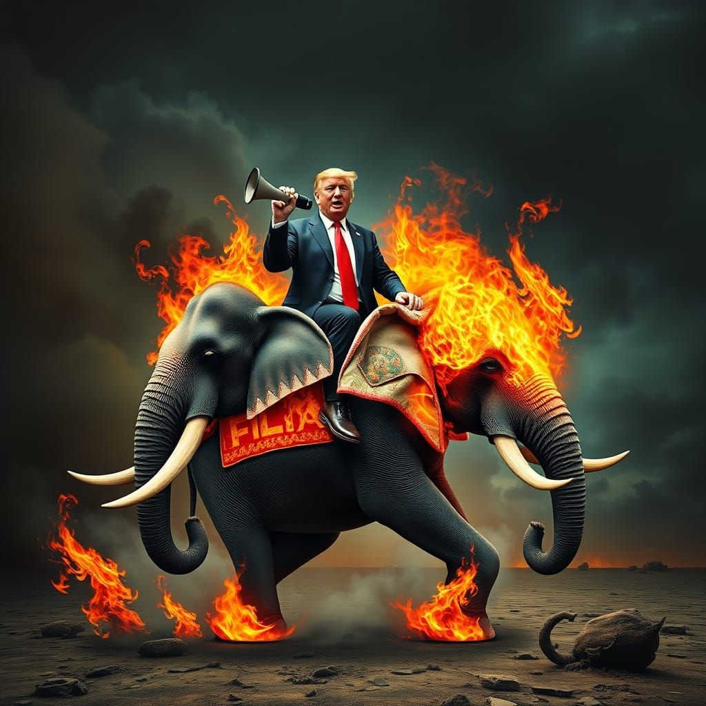 Donald Trump Riding a Burning Elephant in a Dystopian Surrea...