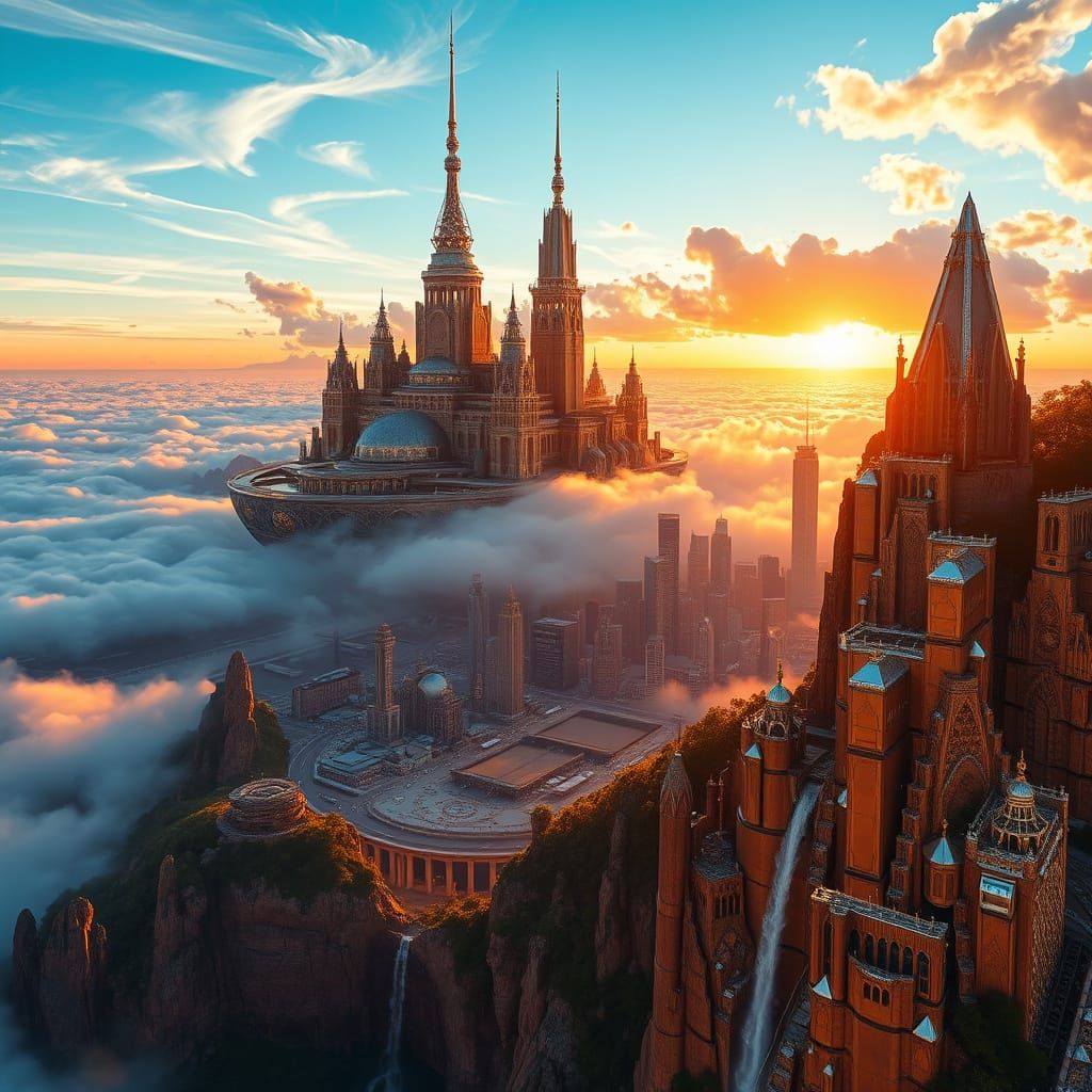Golden Metropolis Soars on Cloudy Skies in Cyberpunk Style