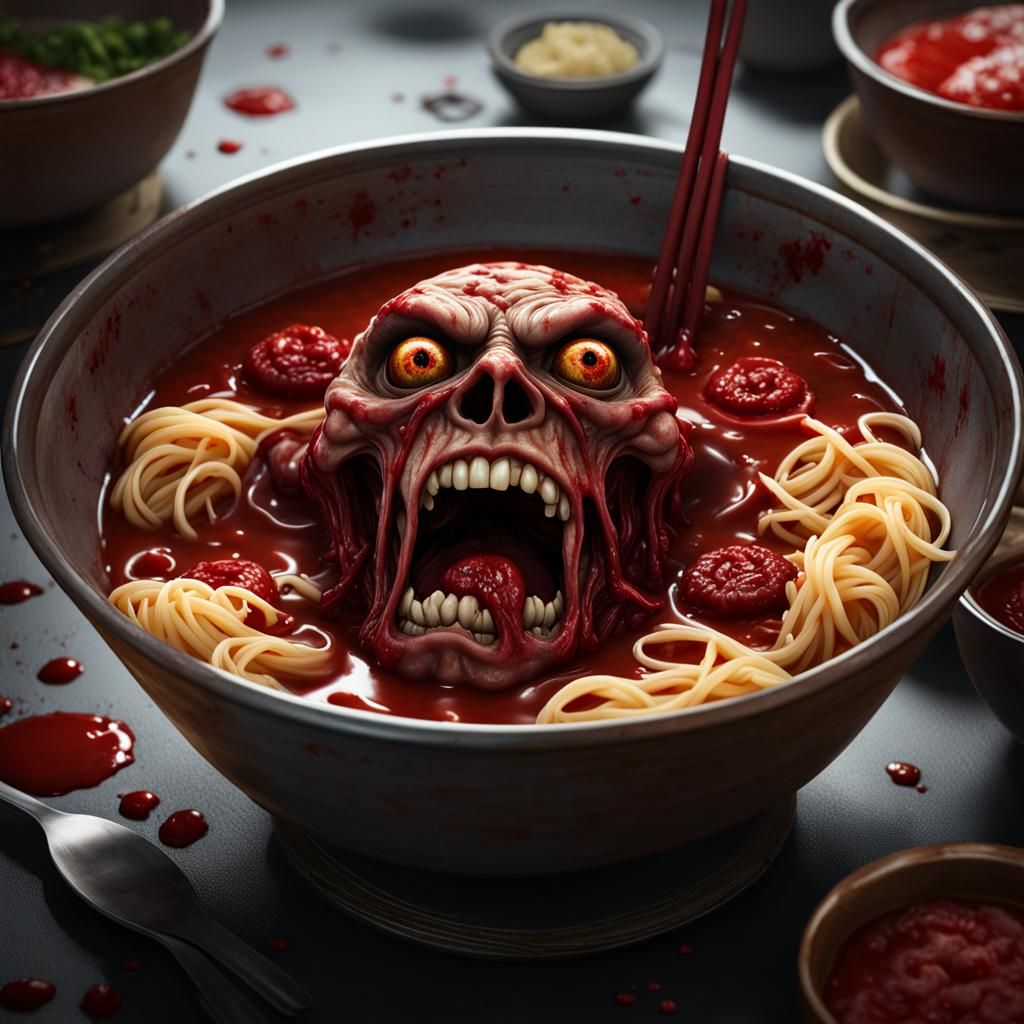 Zombie Face in Ramen: Sinister Horror Portrait