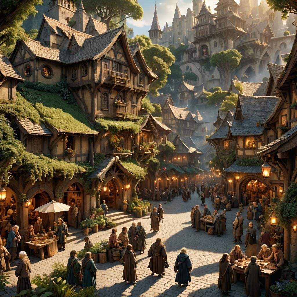 Lively Hobbit Town Square in Golden Light