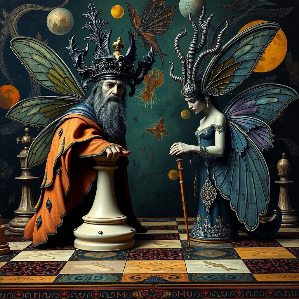 Gothic Chess Battle in a Dreamlike Landscape