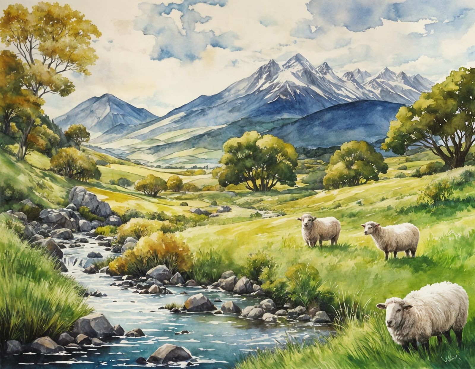 New Zealand Landscape: Sunny Day with Mountains