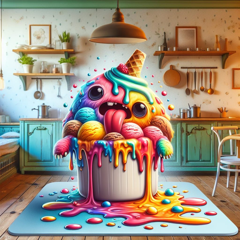 Ice Cream Monster Meltdown in a Quaint Kitchen