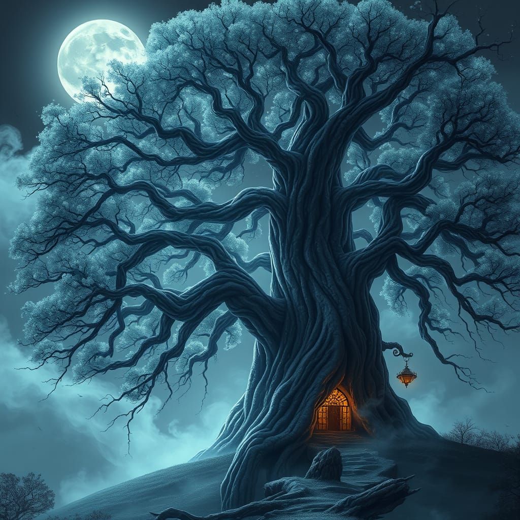 Ancient Tree Illuminated by Soft Moonlight in Epic Fantasy S...
