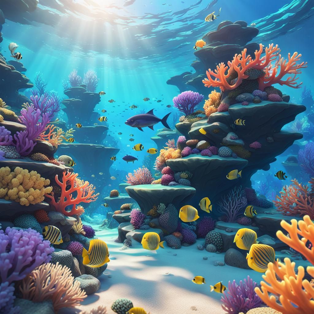 A vibrant underwater landscape teeming with colorful corals, tropical fish, and other marine life.