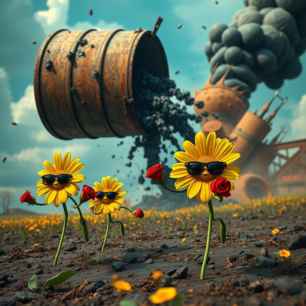 Daisies Flee as Oil Barrel Crashes to the Ground in a Fantas...