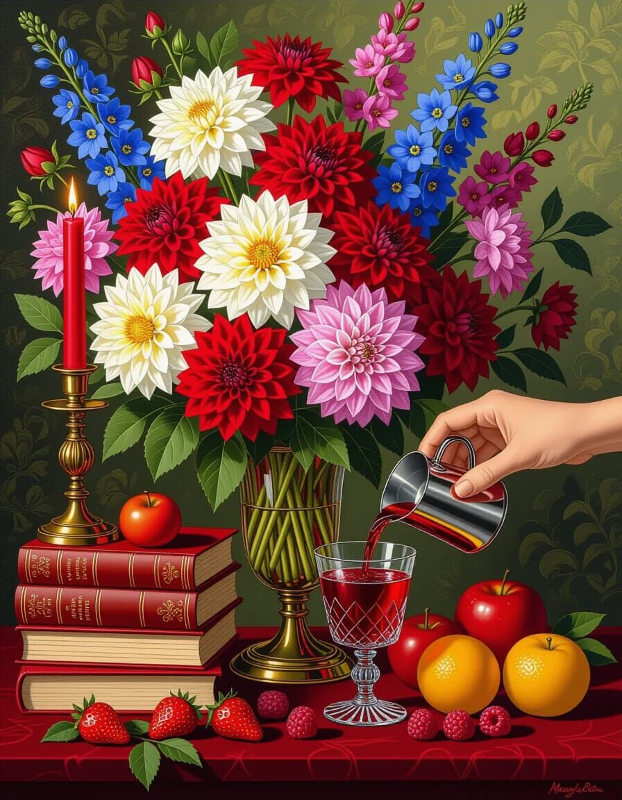 Still Life with Flowers and Fruits in Ligne Claire Style