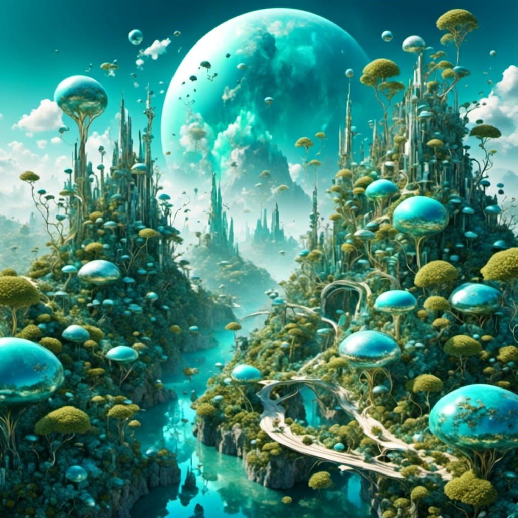 Futuristic City on Alien Planet with Golden Outlines