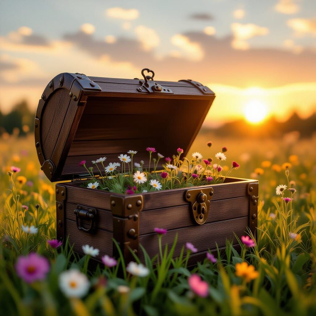 Treasure Chest in Wildflower Meadow: Hyperrealism