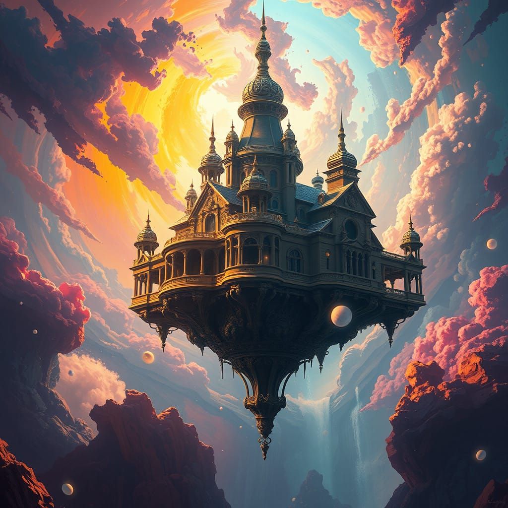 Surreal Floating Mansion in Vibrant, Contrasting Light