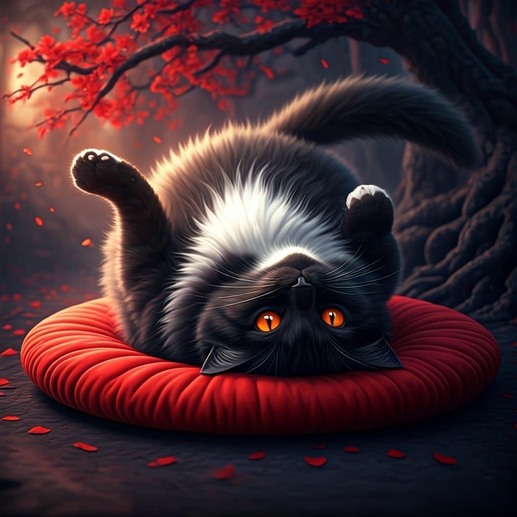 Adorable Black Cat on Heart Cushion, Dark Fantasy Art