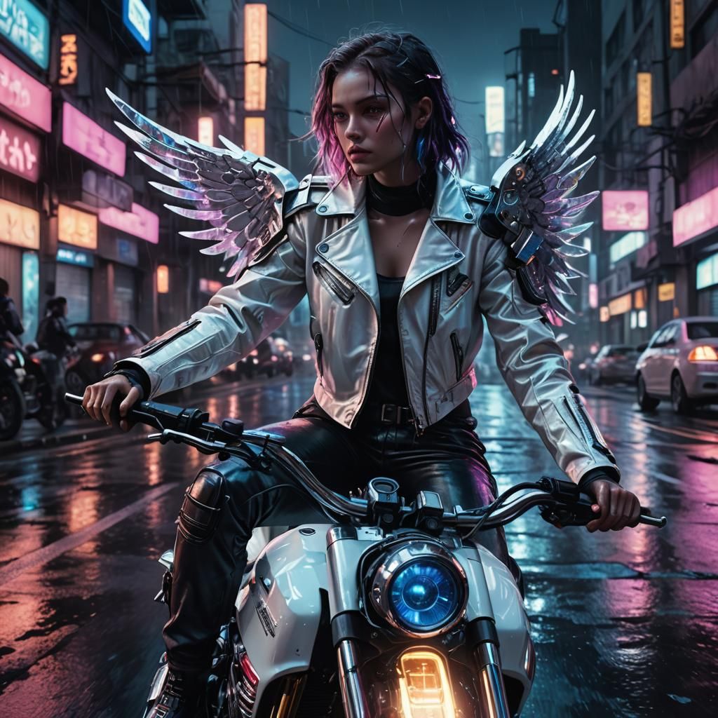 Cyberpunk Angel on Motorcycle in Neon City