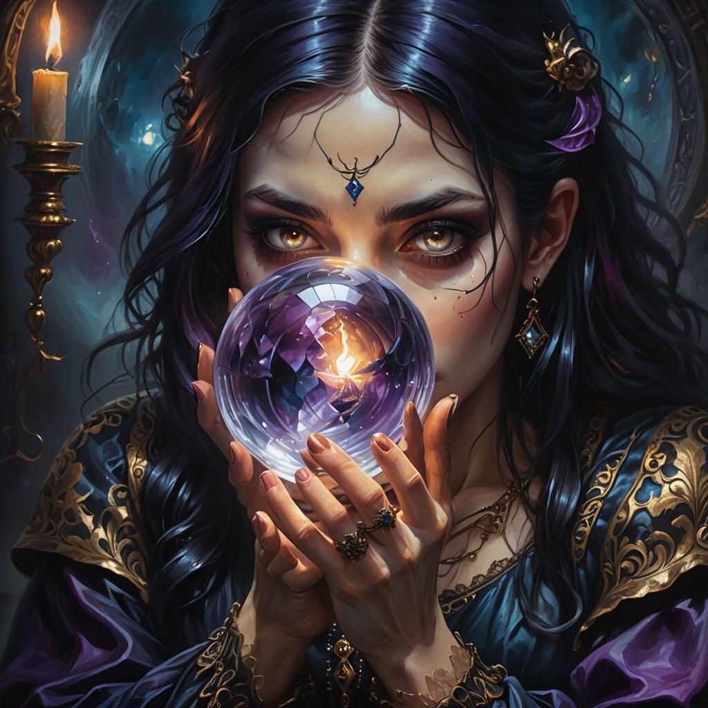 Dark Gothic Girl with Crystal Ball in Oil Painting