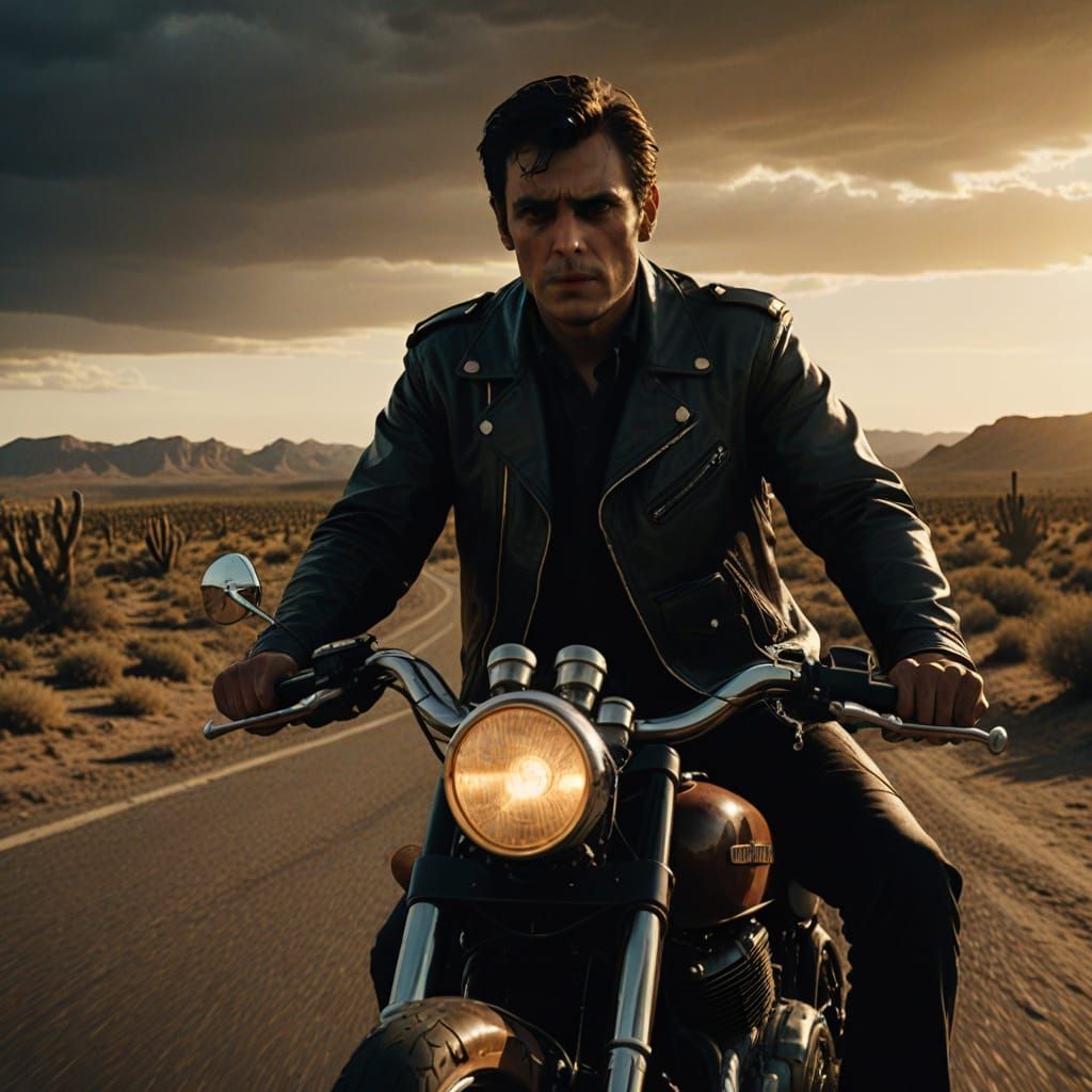 Motorcycle Rider in Film Noir Style
