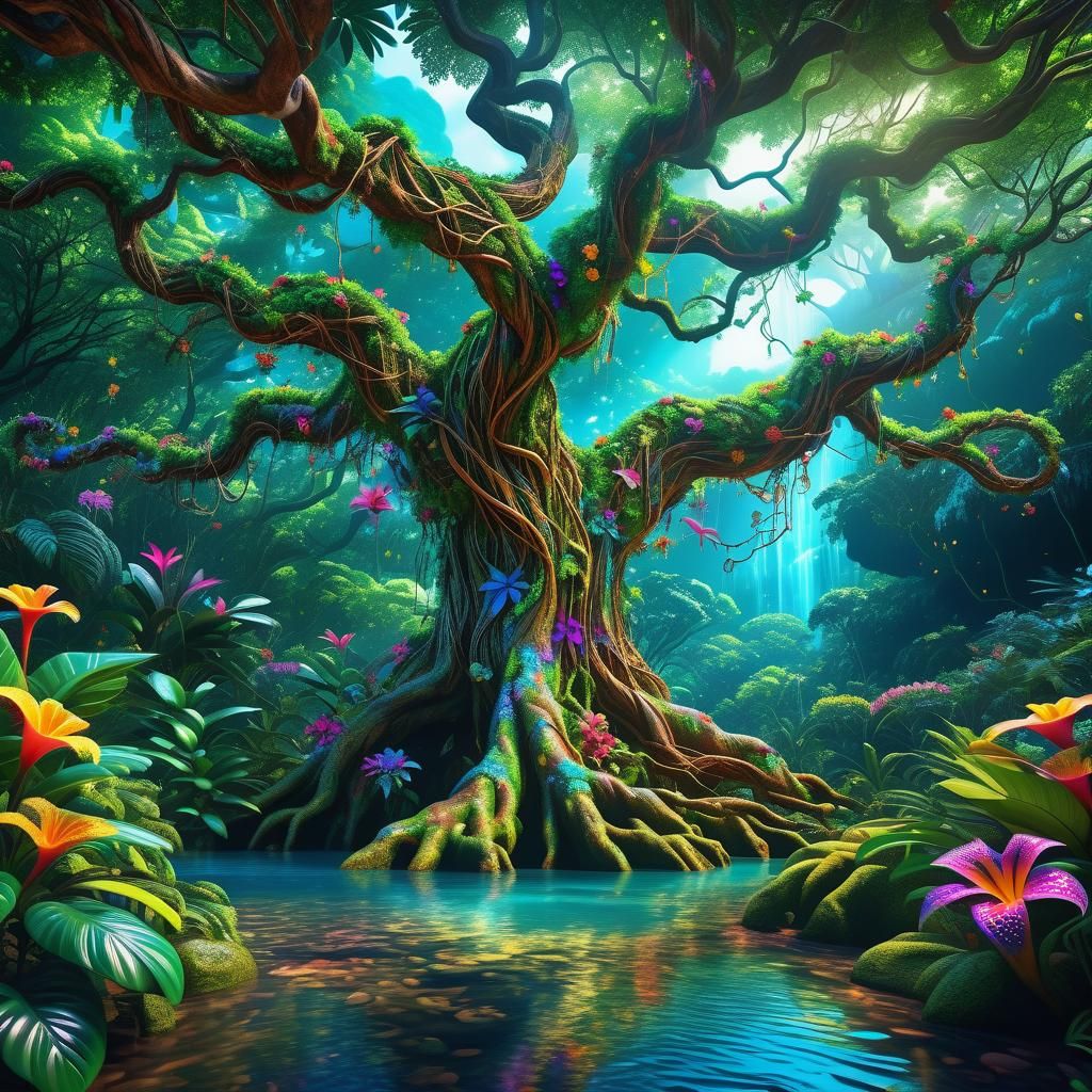 Lush Rainforest Scene with Bioluminescent Flora