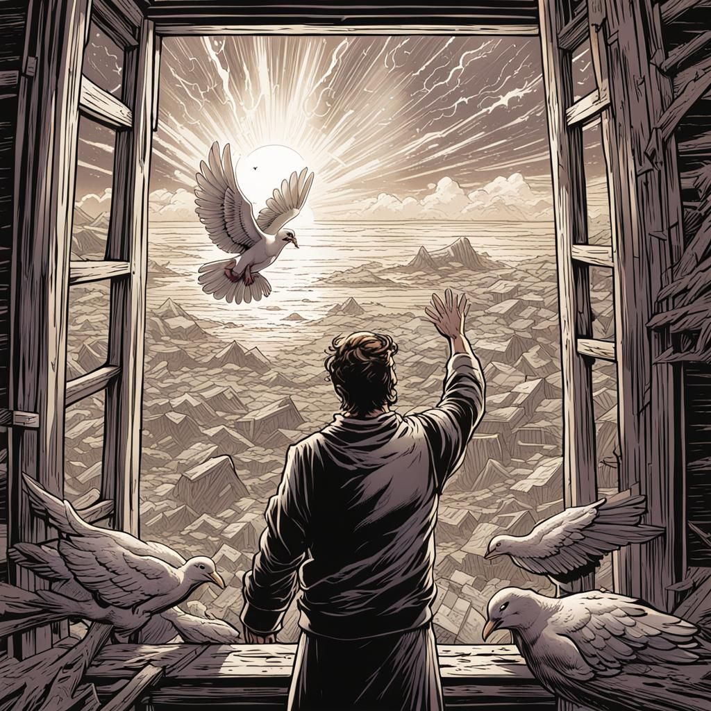 Noah Releases Dove: Comic Book Style Illustration