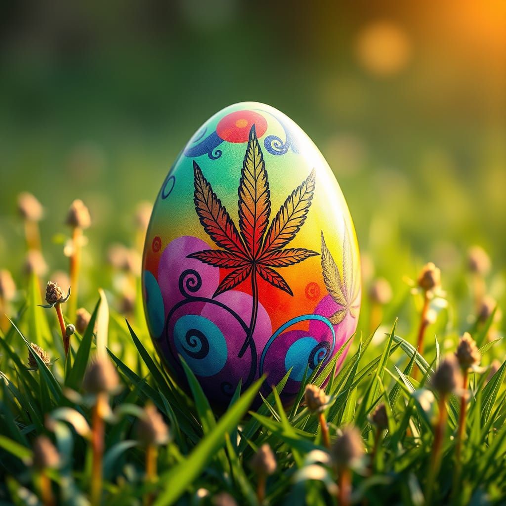 Rainbow Cannabis Easter Egg Amidst Lush Greenery