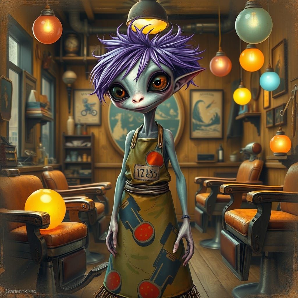 Dreamlike Alien Barber Shop Scene in Expressive Brushstrokes
