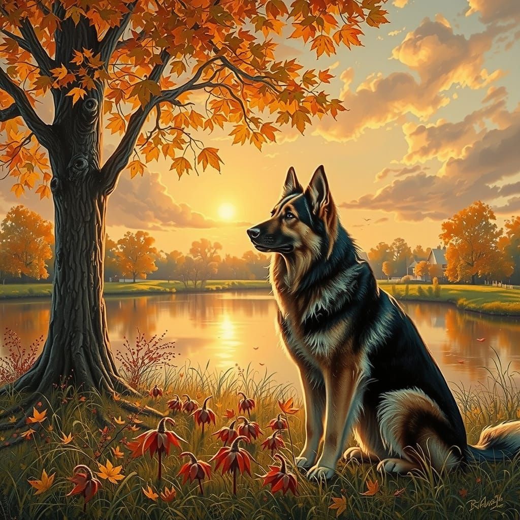 German Shepherd in Ethereal Autumn Sunset Oil Painting