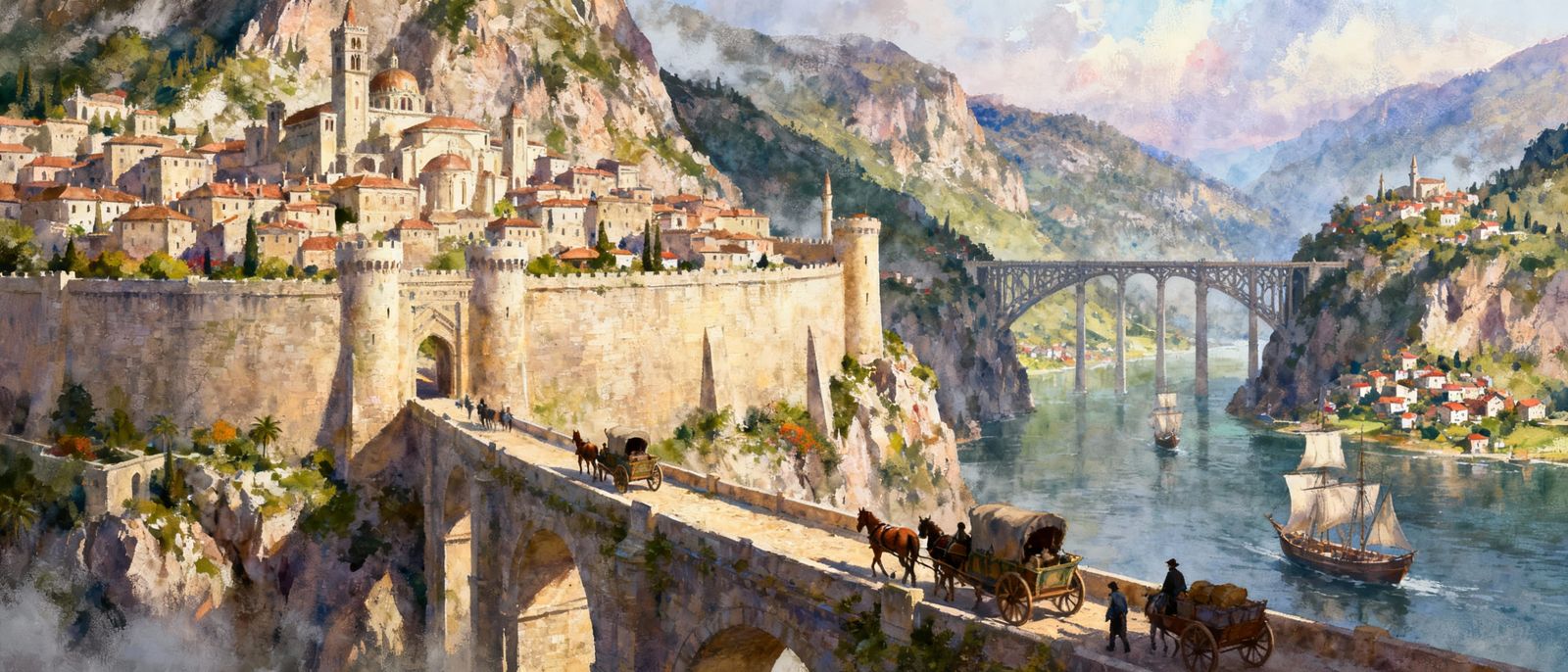 Fantasy Medieval City on Mountain With Intricate Bridge