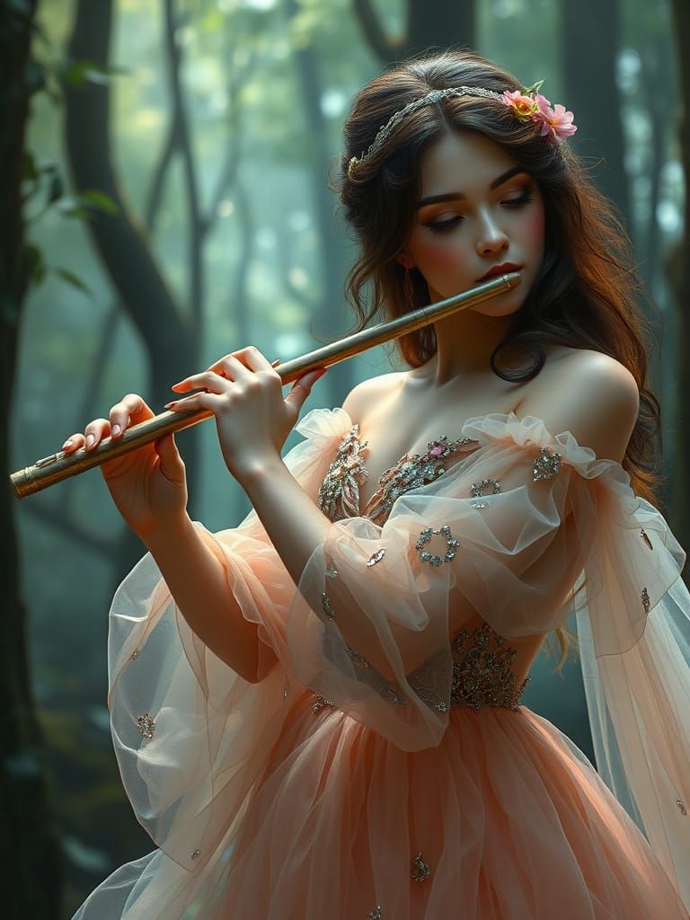 Ethereal Woman Plays Flute in Misty Forest