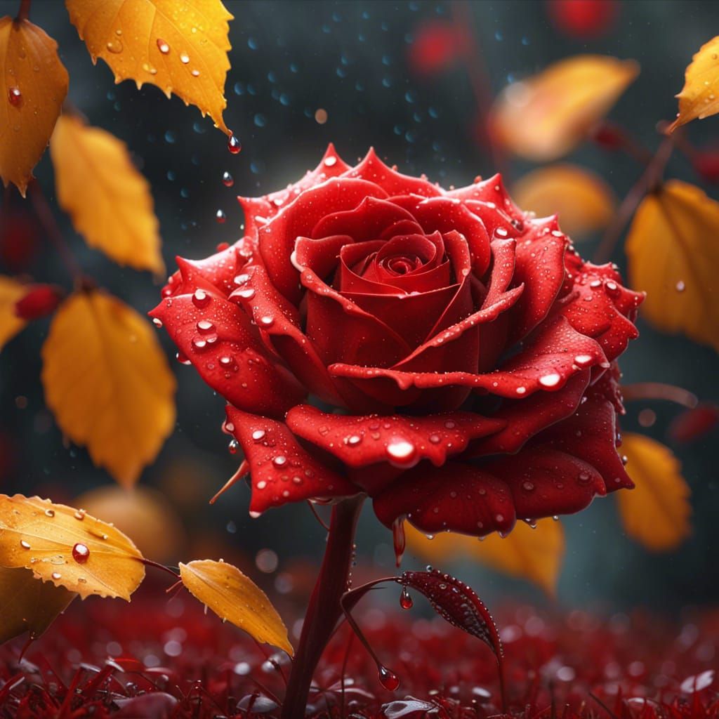 Macro Red Rose with Dew Drops in Autumn