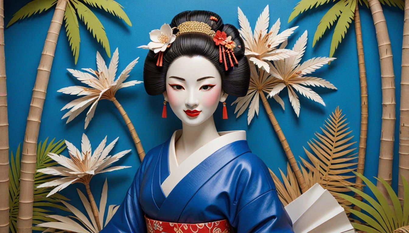 Vibrant Oasis Geisha in Mixed-Media Masterpiece