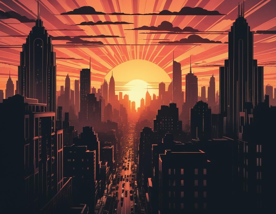 Art Deco Cityscape at Sunset
