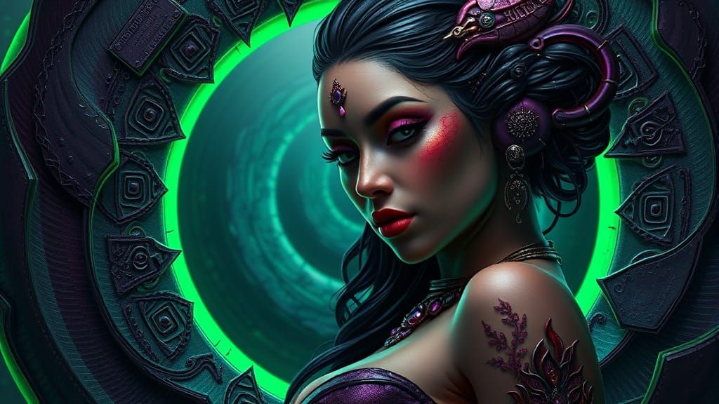 Surreal Assamese Goddess Confronts a Glowing, Grotesque Numb...