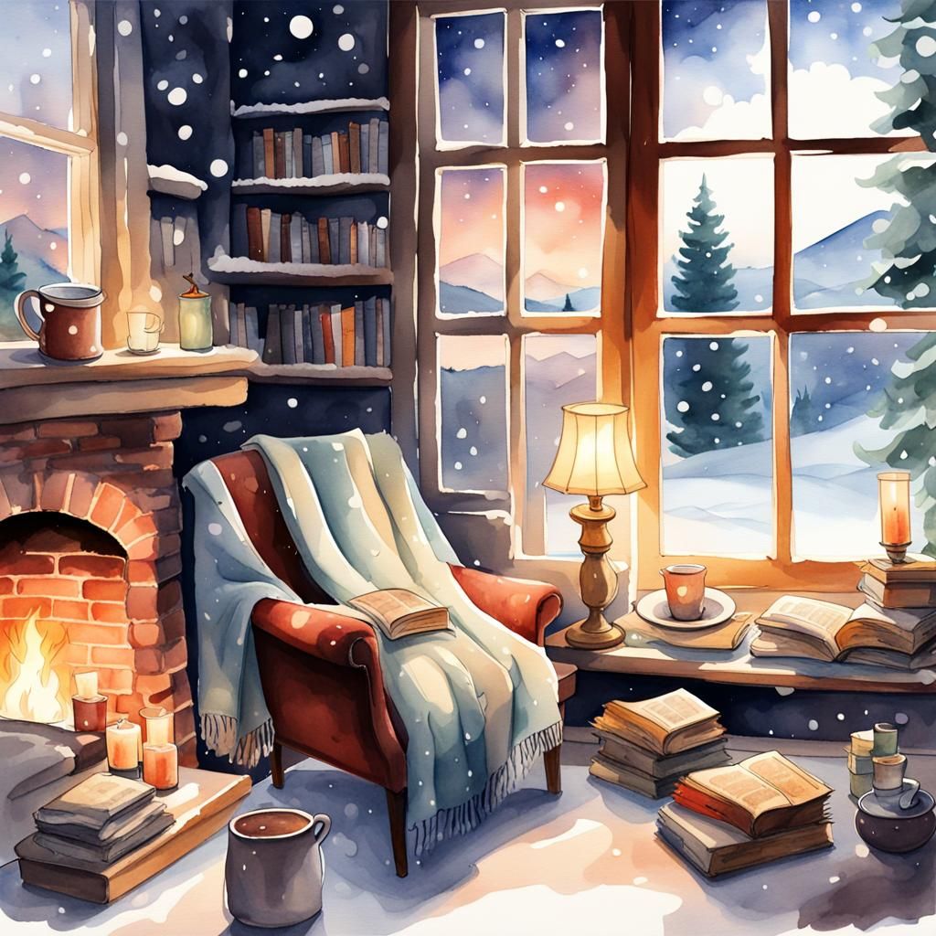 Cozy Winter Reading Nook: Watercolor Illustration