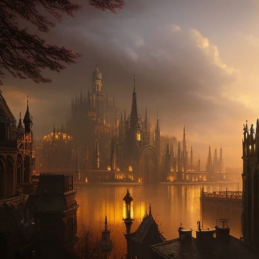 Gothic Old Town at Twilight in Art Nouveau Style