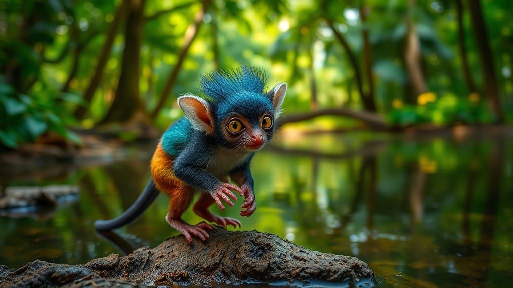 Peacock-Tarsier Hybrid Plays by Pond