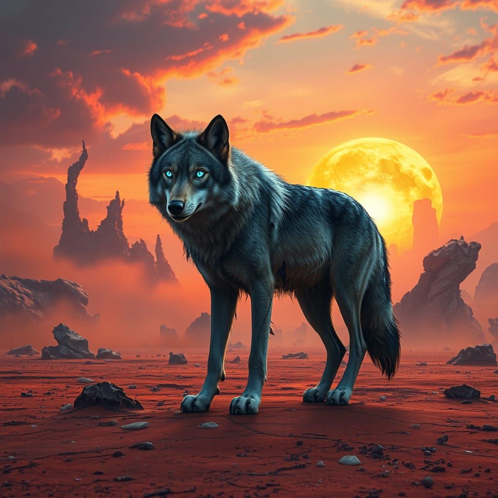 Lone Wolf Under Binary Sunset on Alien Plain