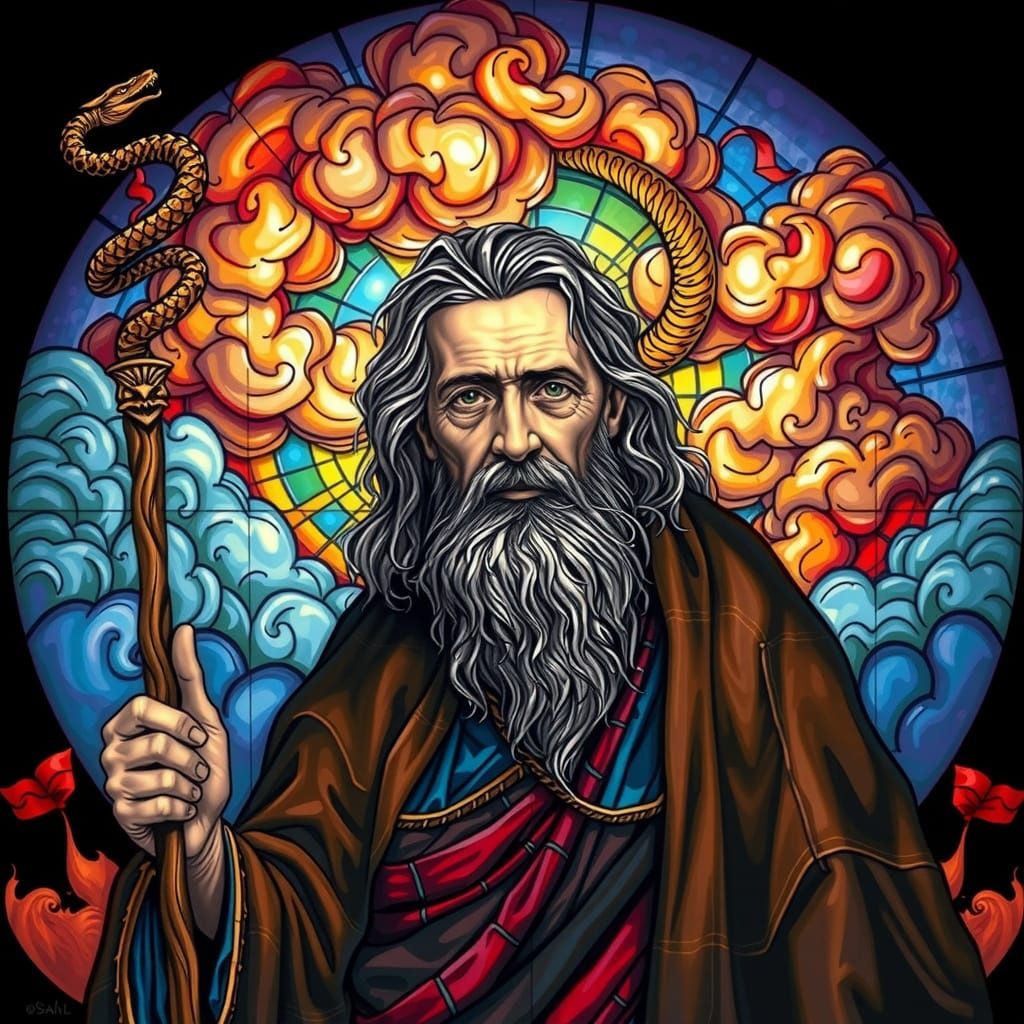 Moses in Stained Glass: Dramatic Intensity