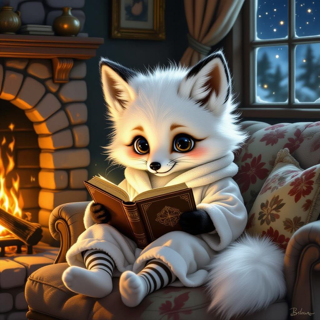 Fox Cub Reading by Firelight, Whimsical Fantasy Art