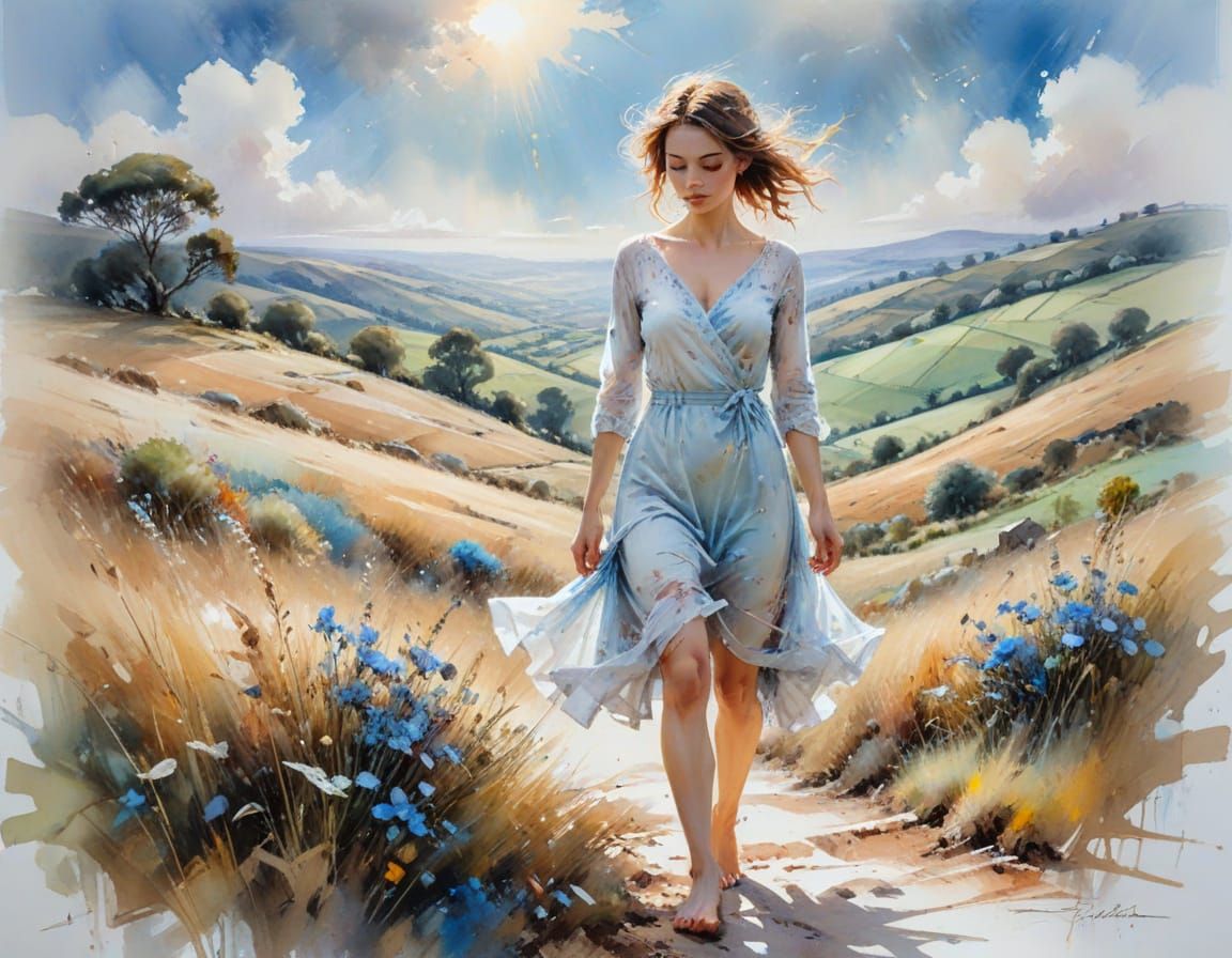 Idyllic Countryside Landscape in Watercolour Style