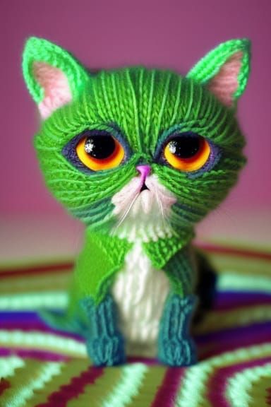 Neon Lit Kitten Knitting in Grass: Fantasy Art