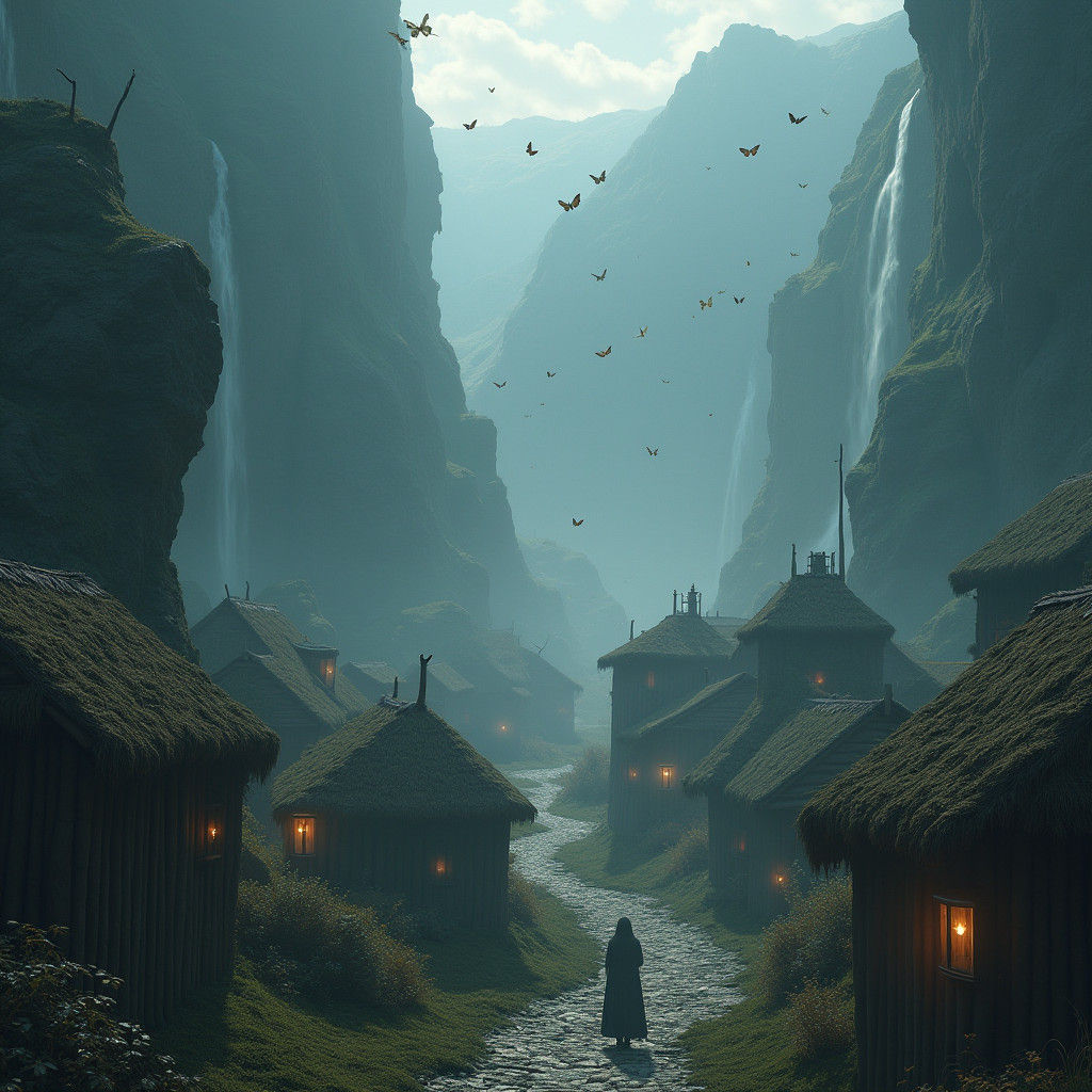 Mystical Village with Silver Butterflies: A Haunting Landsca...