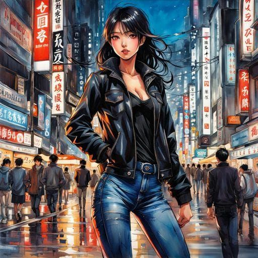 Sad Girl in Tokyo Street: Splash Art Portrait