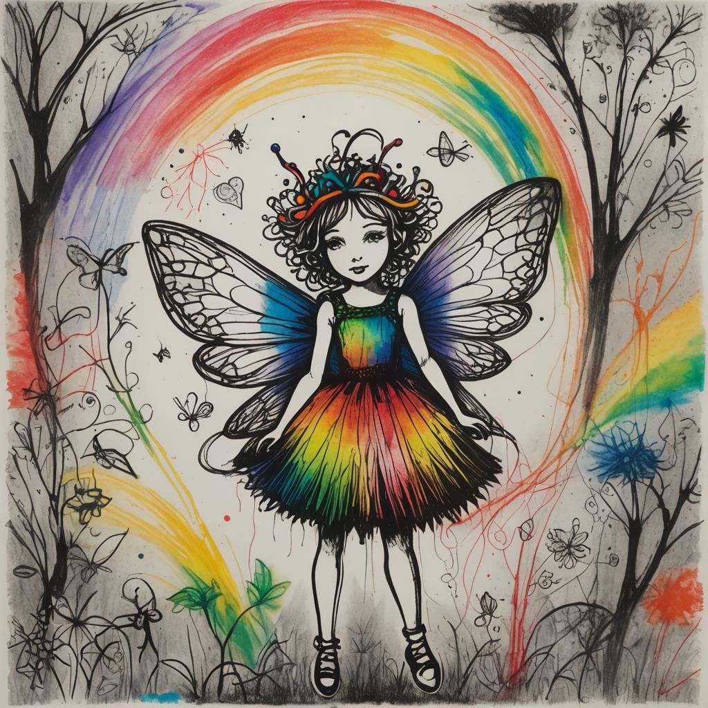 Surreal Crayon Drawing of a Rainbow Fairy