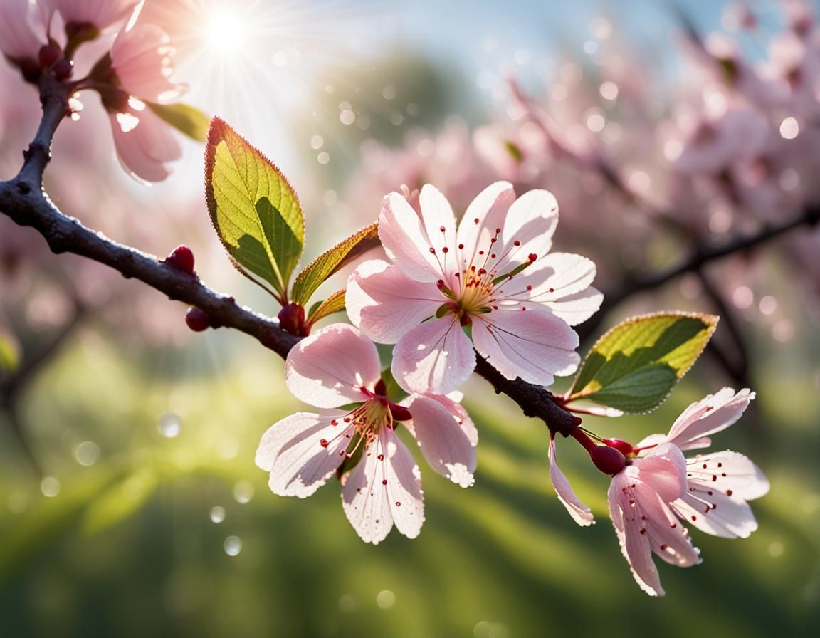 Cherry Blossom Branch in Morning Sunlight: Macro Photography