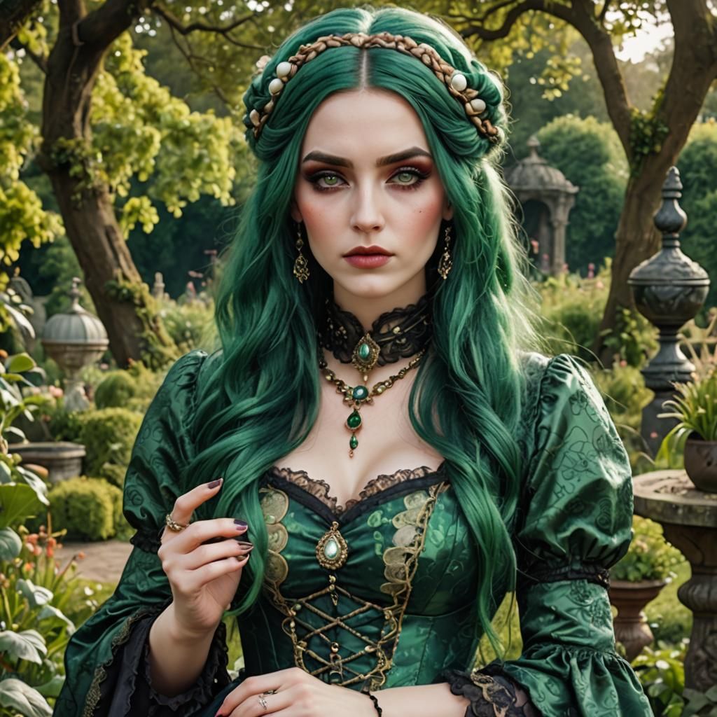 Green witch girl portrait in garden