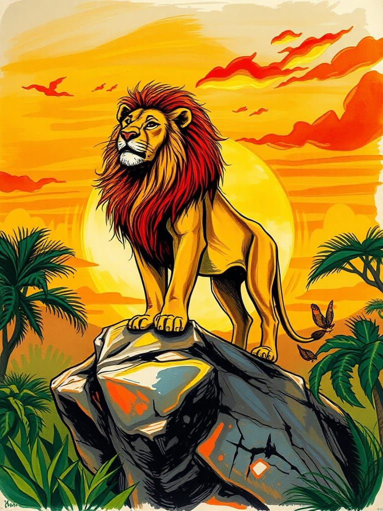 Expressive Lion in Jungle Savannah, Pen and Ink