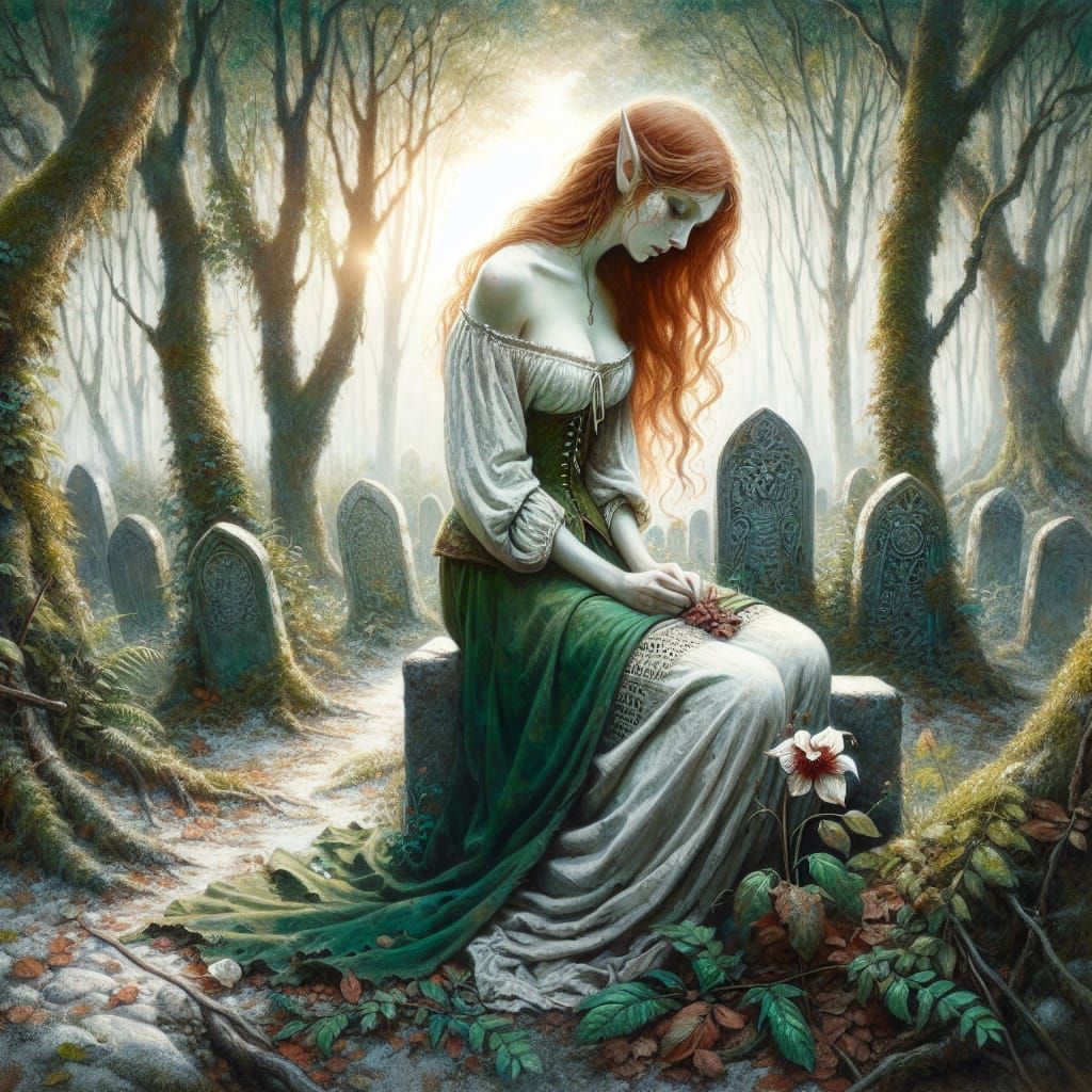 Red-Headed Elf Mourning in Forest, as Watercolour Painting
