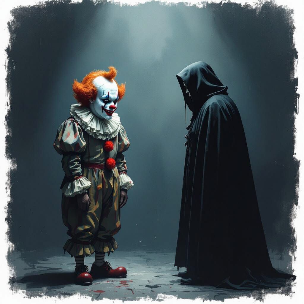 Melancholic Clown and Mysterious Man in Chiaroscuro Style