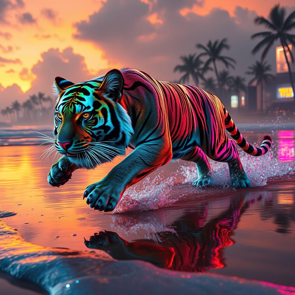 Cyber Tiger Runs Under Neon Sunset on a Futuristic Beach